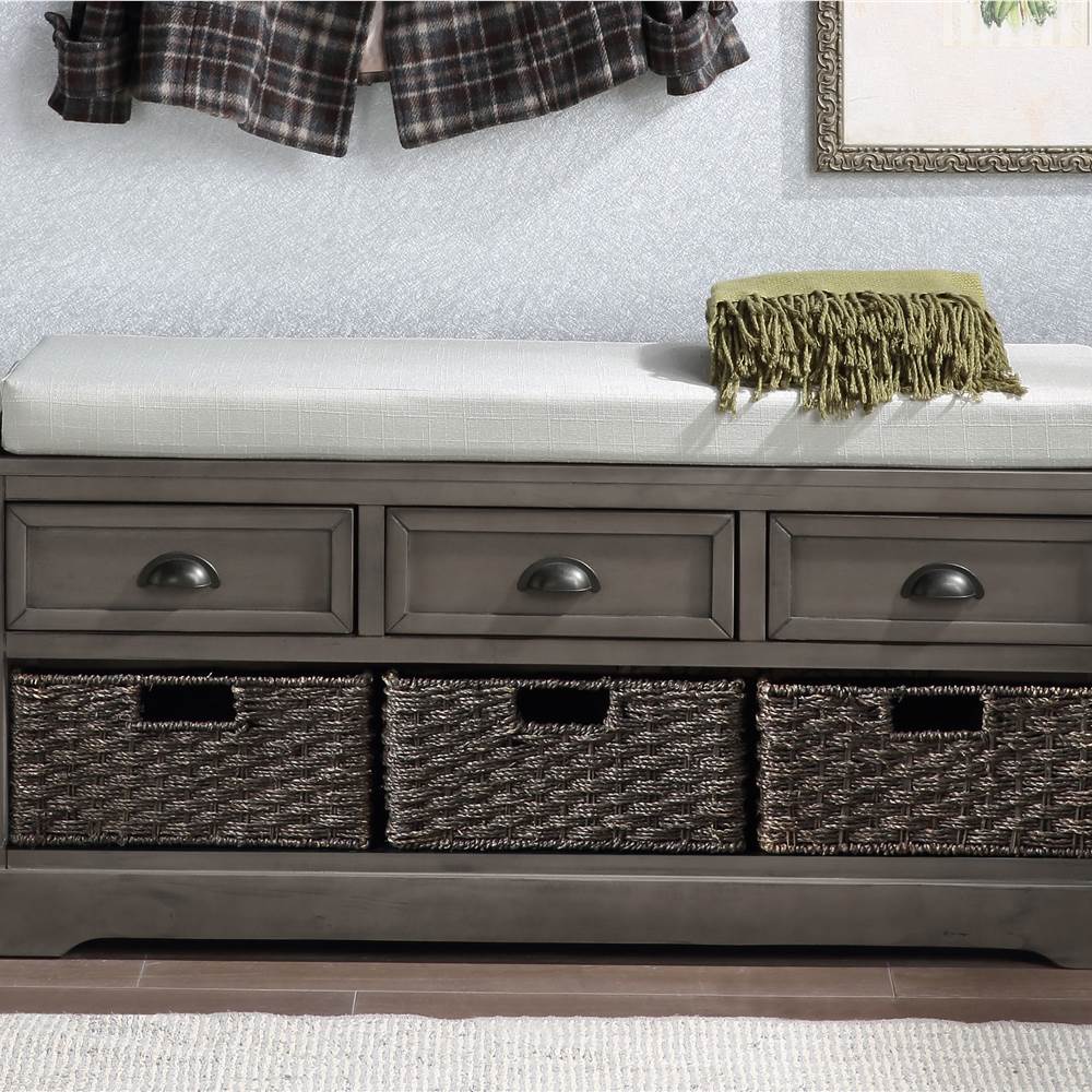 

U-STYLE 44" Storage Bench with 3 Drawers, 3 Baskets, and Wooden Frame, for Entrance, Hallway, Bedroom, Living Room - Gray
