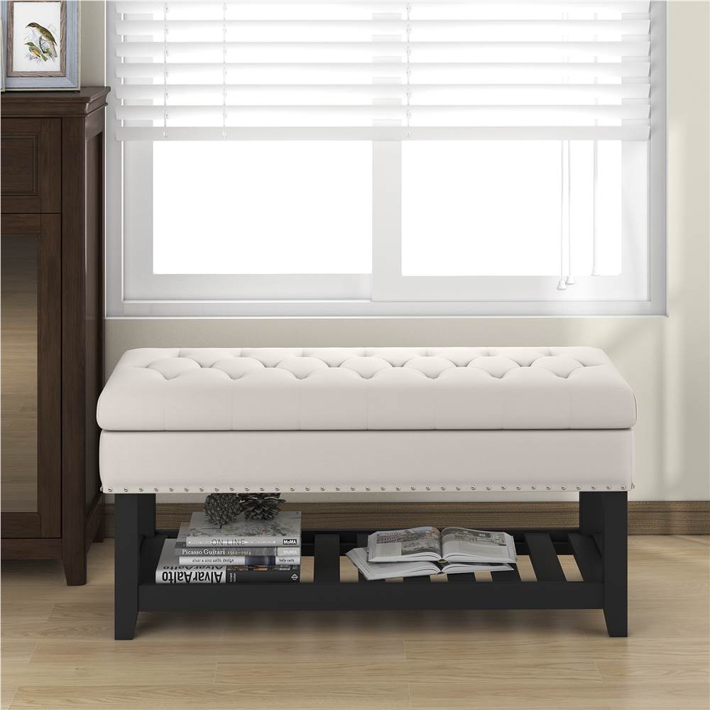 U-STYLE 41.3&quot; Upholstered Storage Bench with Rubber Wood Legs, and Bottom Shelf, for Entrance, Hallway, Bedroom - Beige