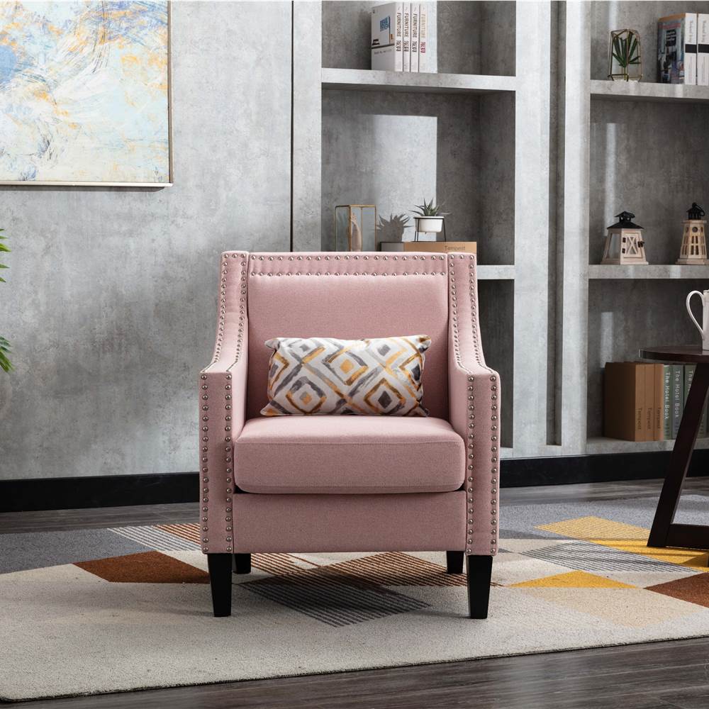 

COOLMORE Linen Fabric Upholstered Sofa Chair with Nailheads, and Solid Wood Legs, for Living Room, Bedroom, Office, Apartment - Pink