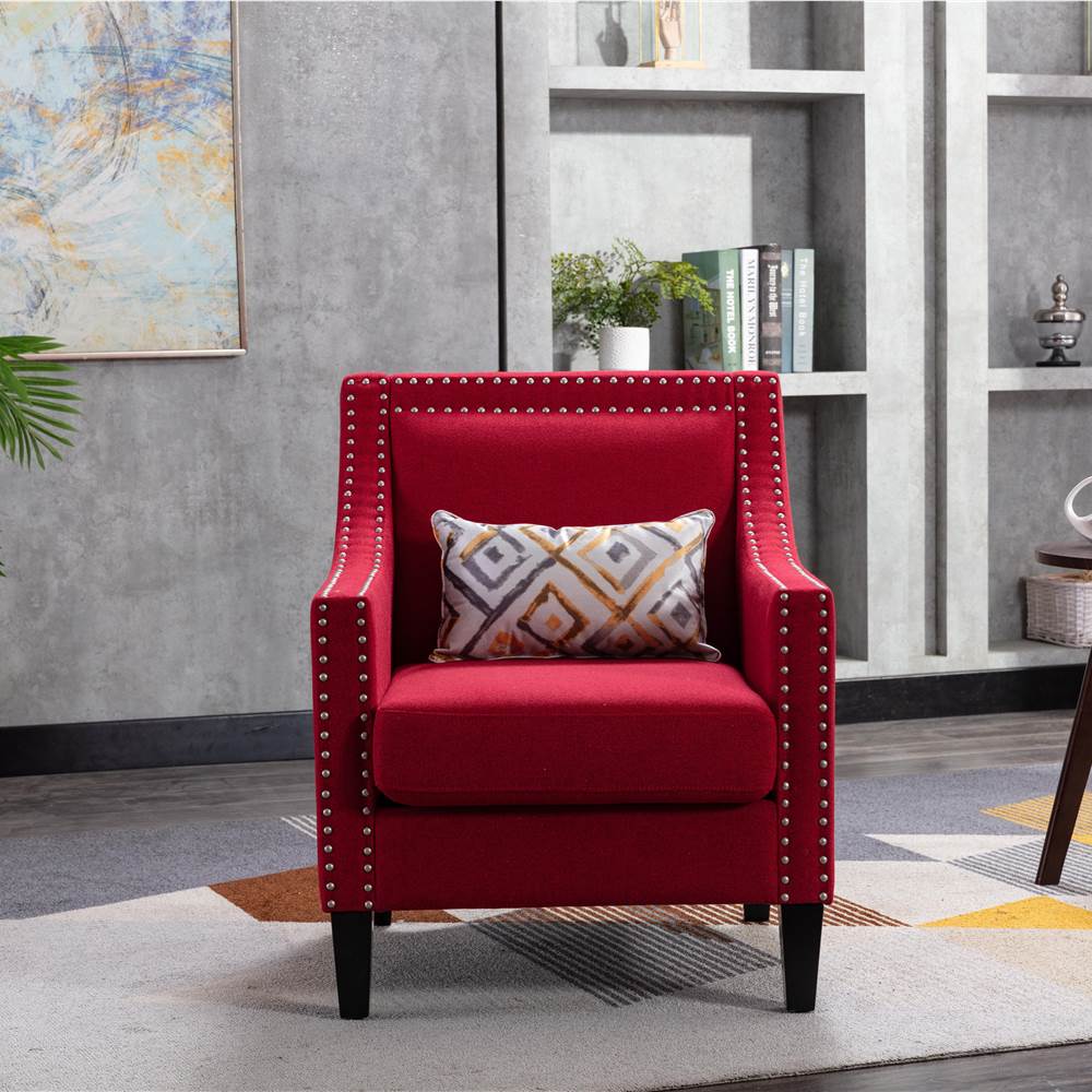 

COOLMORE Linen Fabric Upholstered Sofa Chair with Nailheads, and Solid Wood Legs, for Living Room, Bedroom, Office, Apartment - Red