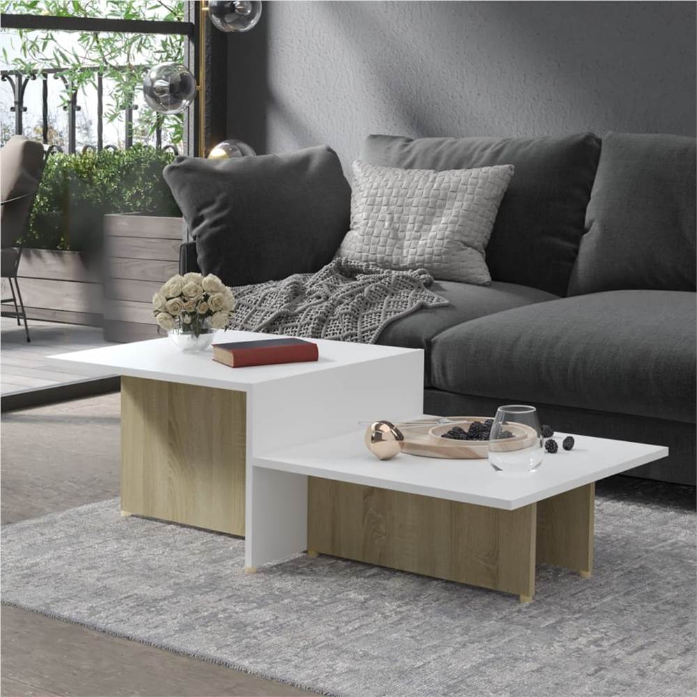 Coffee Table Sonoma Oak and White 111.5x50x33 cm Chipboard