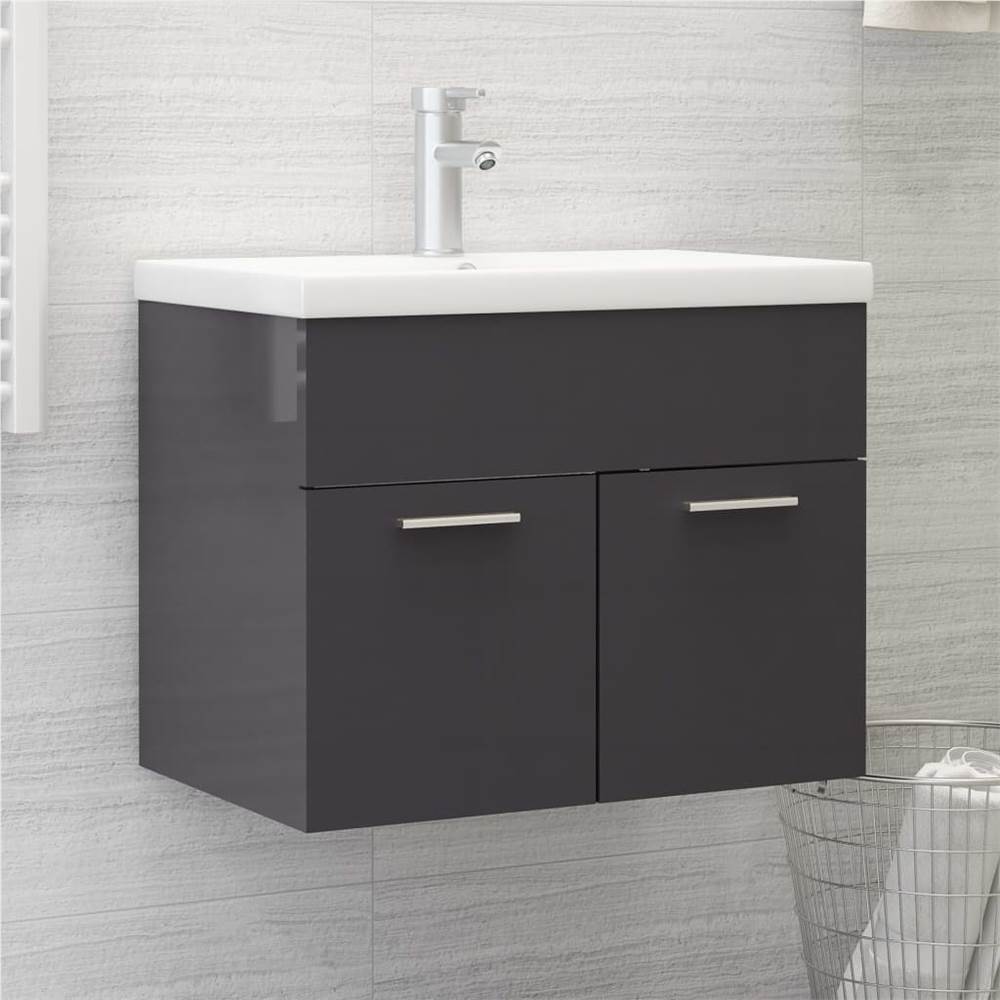 

Sink Cabinet with Built-in Basin High Gloss Grey Chipboard