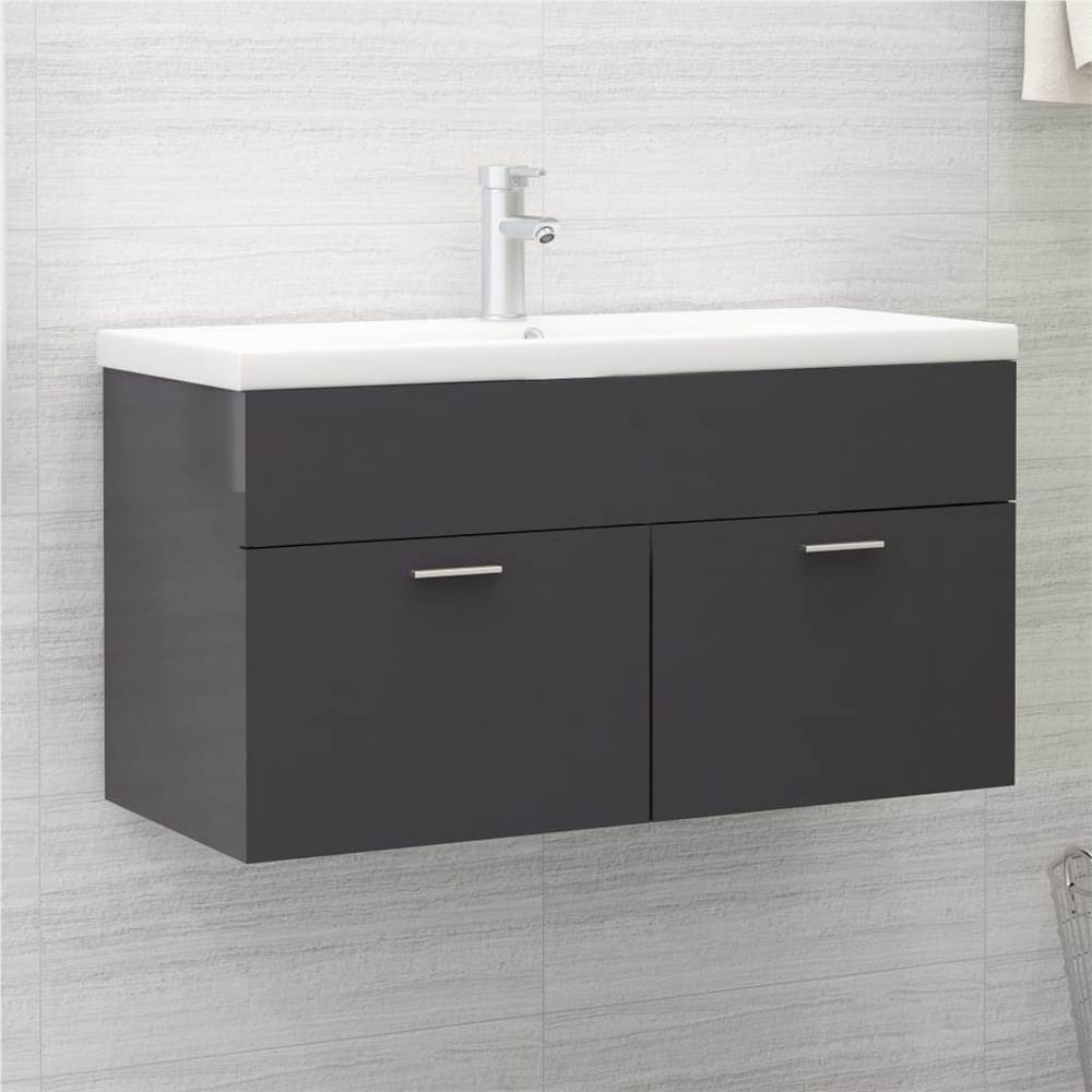 

Sink Cabinet with Built-in Basin High Gloss Grey Chipboard