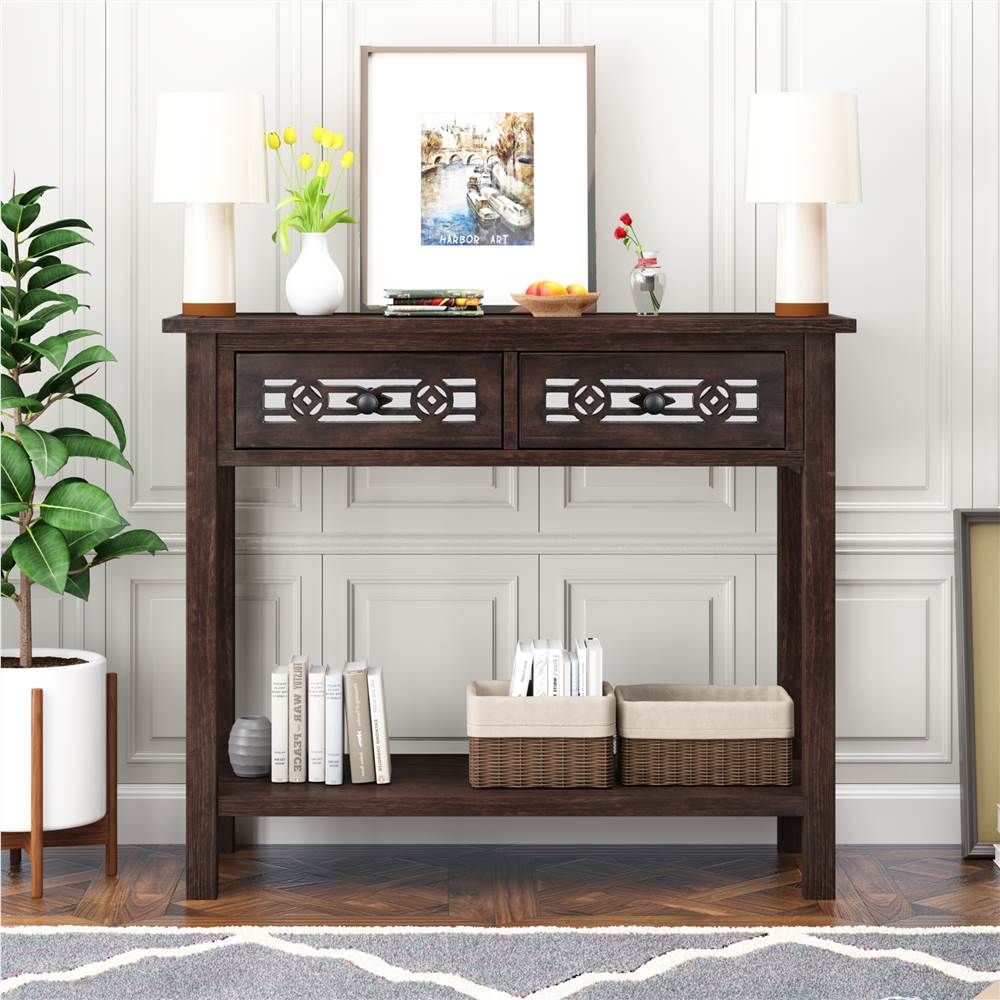 

TREXM 35.4" Wooden Console Table with 2 Storage Drawers, and Bottom Shelf, for Entrance, Hallway, Dining Room, Kitchen - Espresso