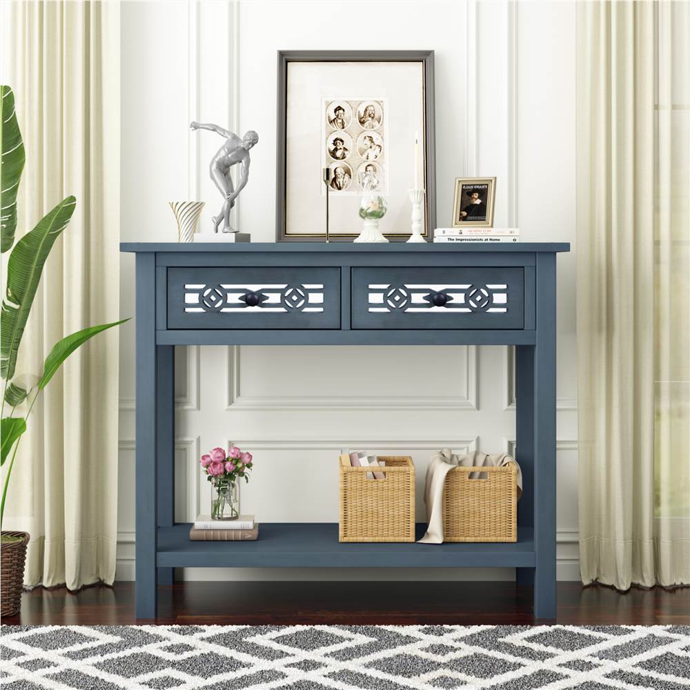 

TREXM 35.4" Wooden Console Table with 2 Storage Drawers, and Bottom Shelf, for Entrance, Hallway, Dining Room, Kitchen - Navy