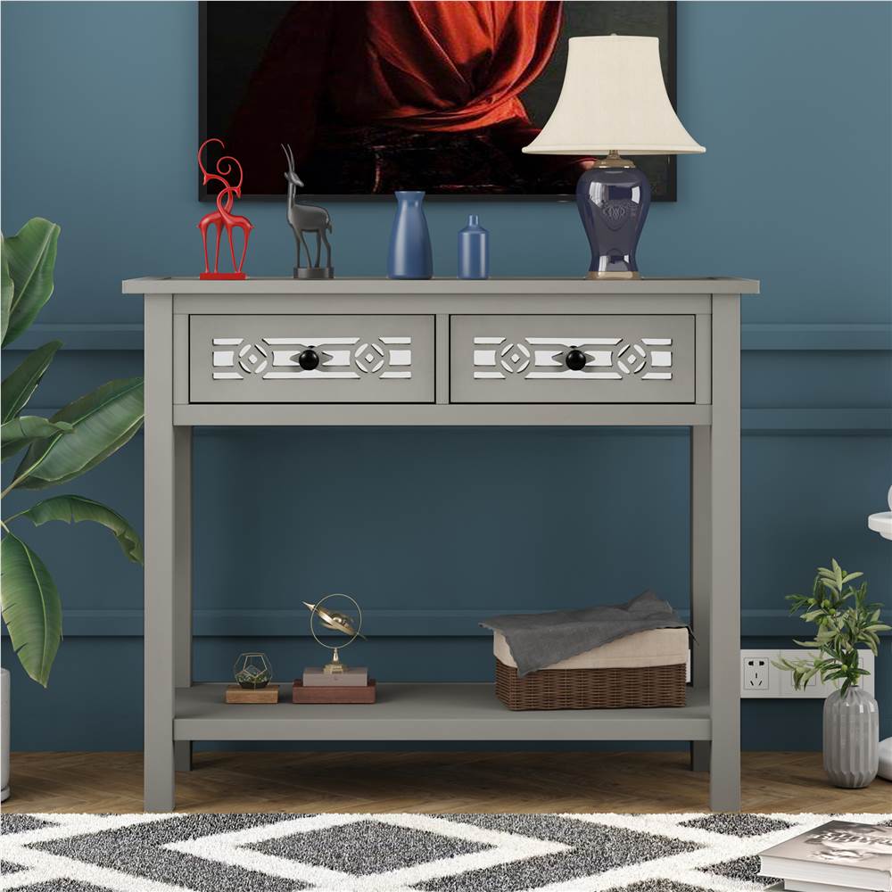 

TREXM 35.4" Wooden Console Table with 2 Storage Drawers, and Bottom Shelf, for Entrance, Hallway, Dining Room, Kitchen - Silver