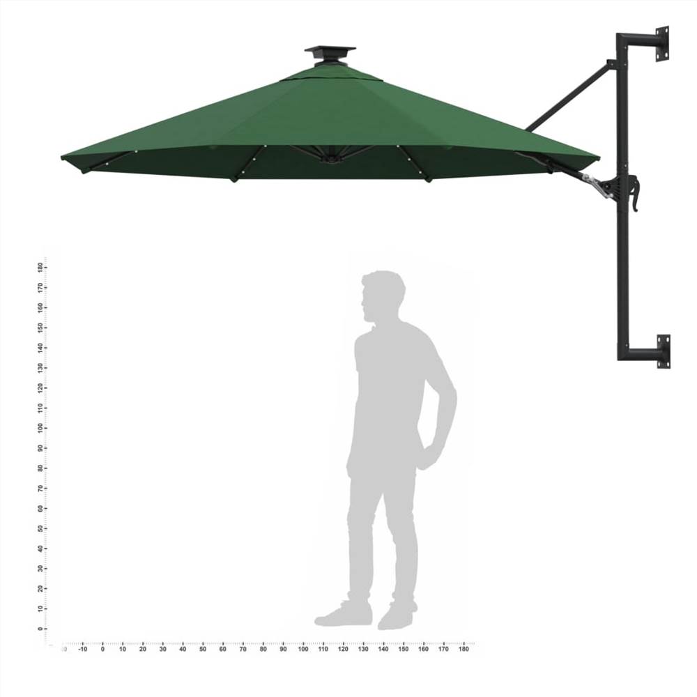 Wallmounted Parasol with LEDs and Metal Pole 300 cm Green