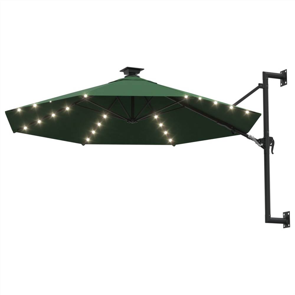 Wallmounted Parasol with LEDs and Metal Pole 300 cm Green