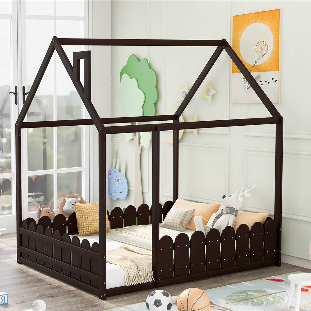 

Full-Size House-Shaped Bed Frame with Fence, Box Spring Needed, for Kids, Teens, Girls, Boys (Only Frame) - Espresso