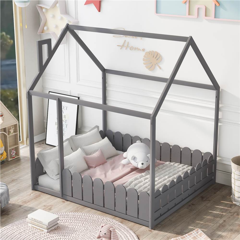 Full-Size House-Shaped Bed Frame with Fence, Box Spring Needed, for Kids, Teens, Girls, Boys (Only Frame) - Gray