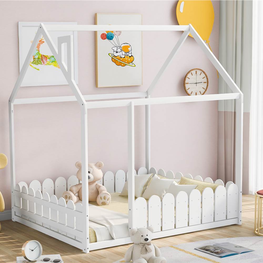 

Full-Size House-Shaped Bed Frame with Fence, Box Spring Needed, for Kids, Teens, Girls, Boys (Only Frame) - White