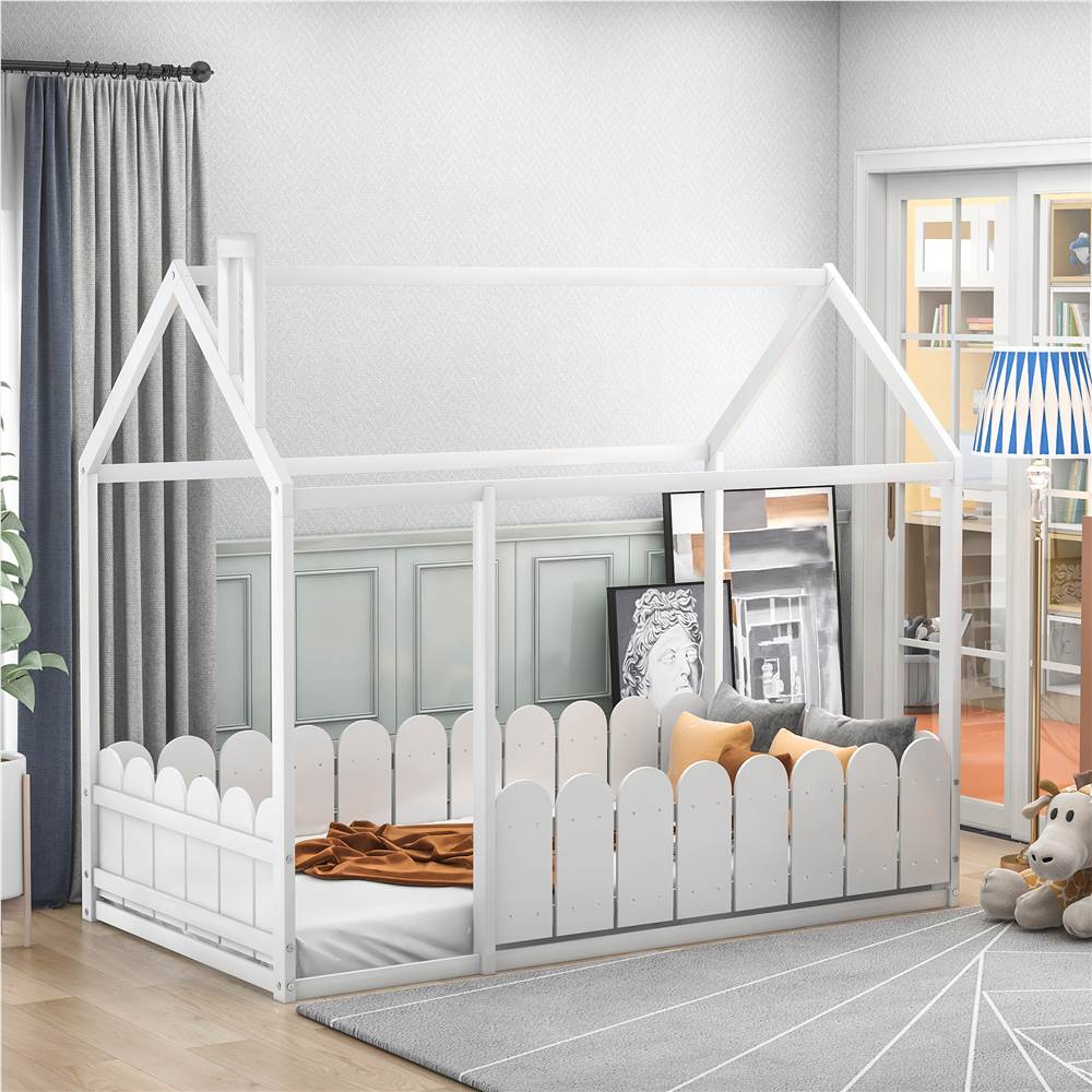 Twin-Size House-Shaped Bed Frame with Fence, Box Spring Needed, for Kids, Teens, Girls, Boys (Only Frame) - White