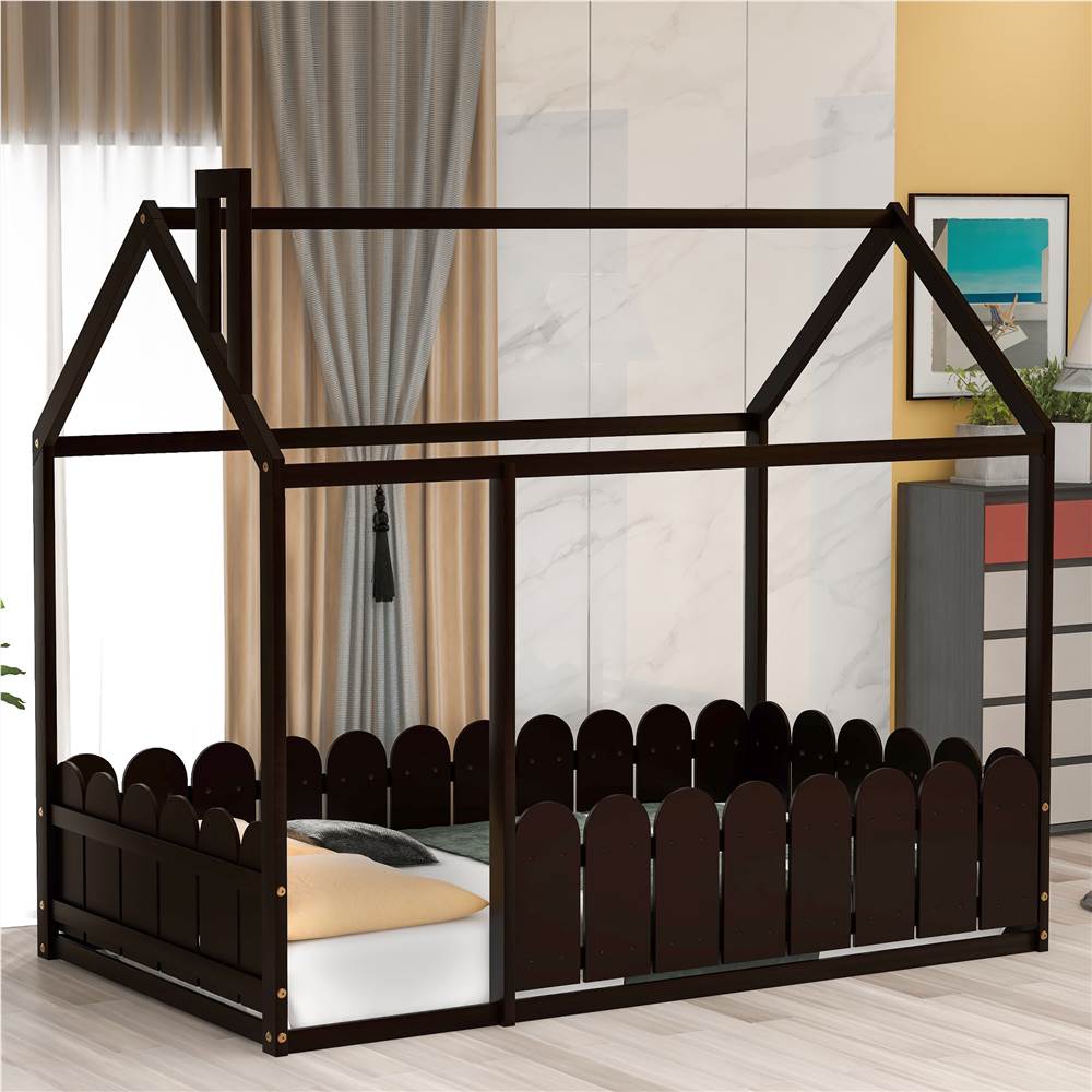 Twin-Size House-Shaped Bed Frame with Fence, Box Spring Needed, for Kids, Teens, Girls, Boys (Only Frame) - Espresso