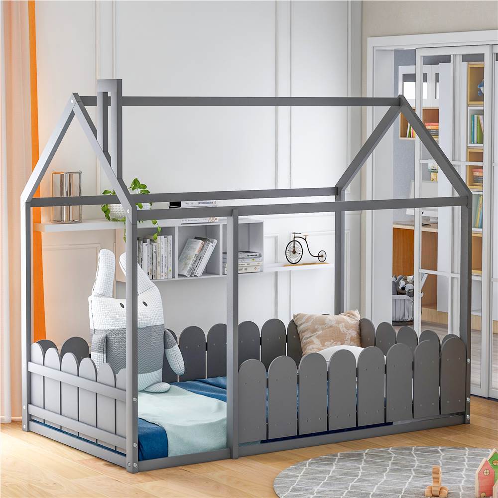 Twin-Size House-Shaped Bed Frame with Fence, Box Spring Needed, for Kids, Teens, Girls, Boys (Only Frame) - Gray