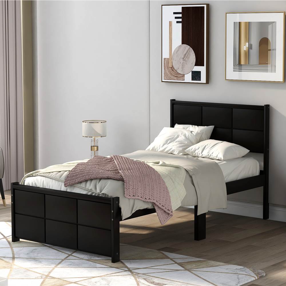 

Twin-Size Platform Bed Frame with Rectangular Line Shape Headboard and Wooden Slats Support, No Box Spring Needed (Only Frame) - Espresso