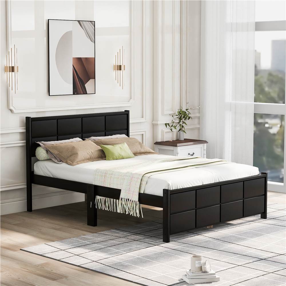 

Full-Size Platform Bed Frame with Rectangular Line Shape Headboard and Wooden Slats Support, No Box Spring Needed (Only Frame) - Espresso