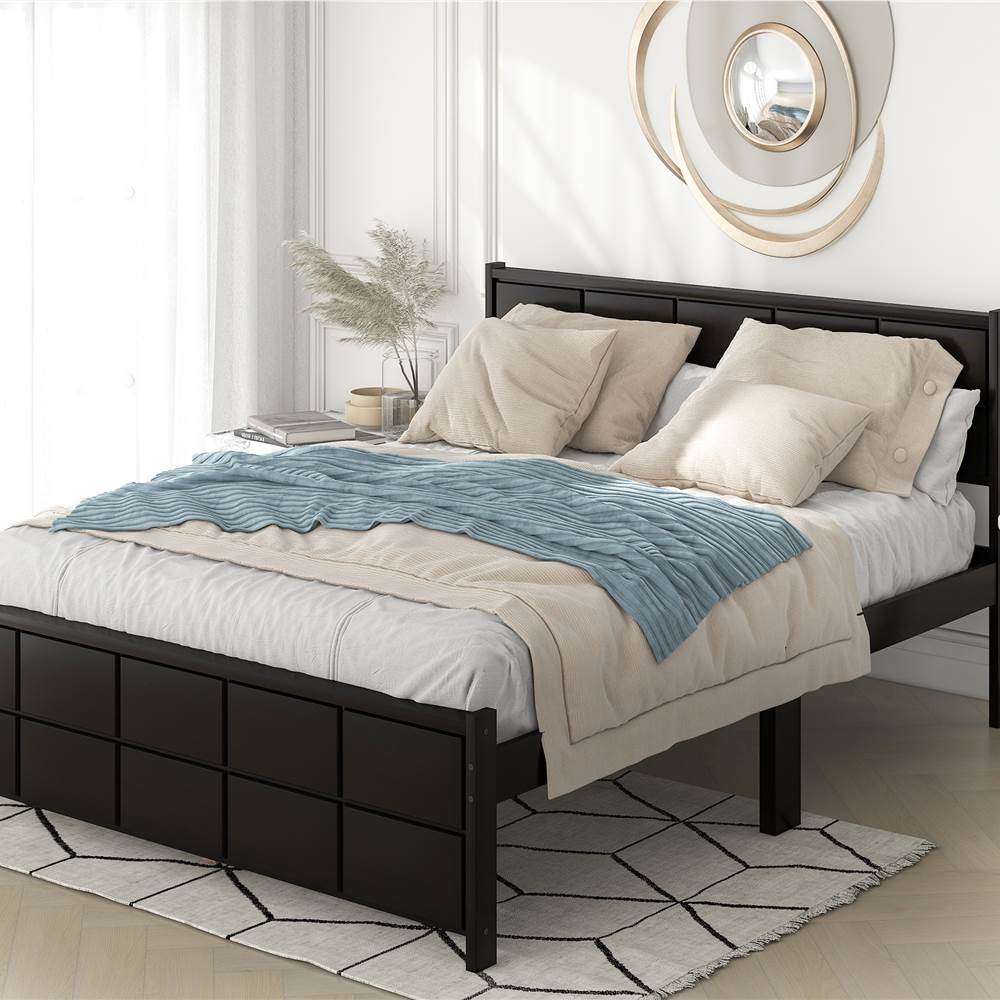 

Queen-Size Platform Bed Frame with Rectangular Line Shape Headboard and Wooden Slats Support, No Box Spring Needed (Only Frame) - Espresso