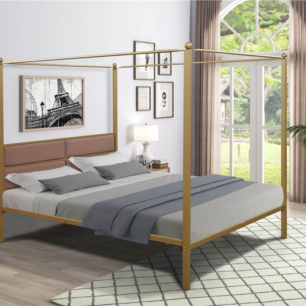 

Queen-Size Metal Canopy Upholstered Bed Frame with 4 Pillars and Steel Slats Support, No Box Spring Needed (Only Frame) - Brown