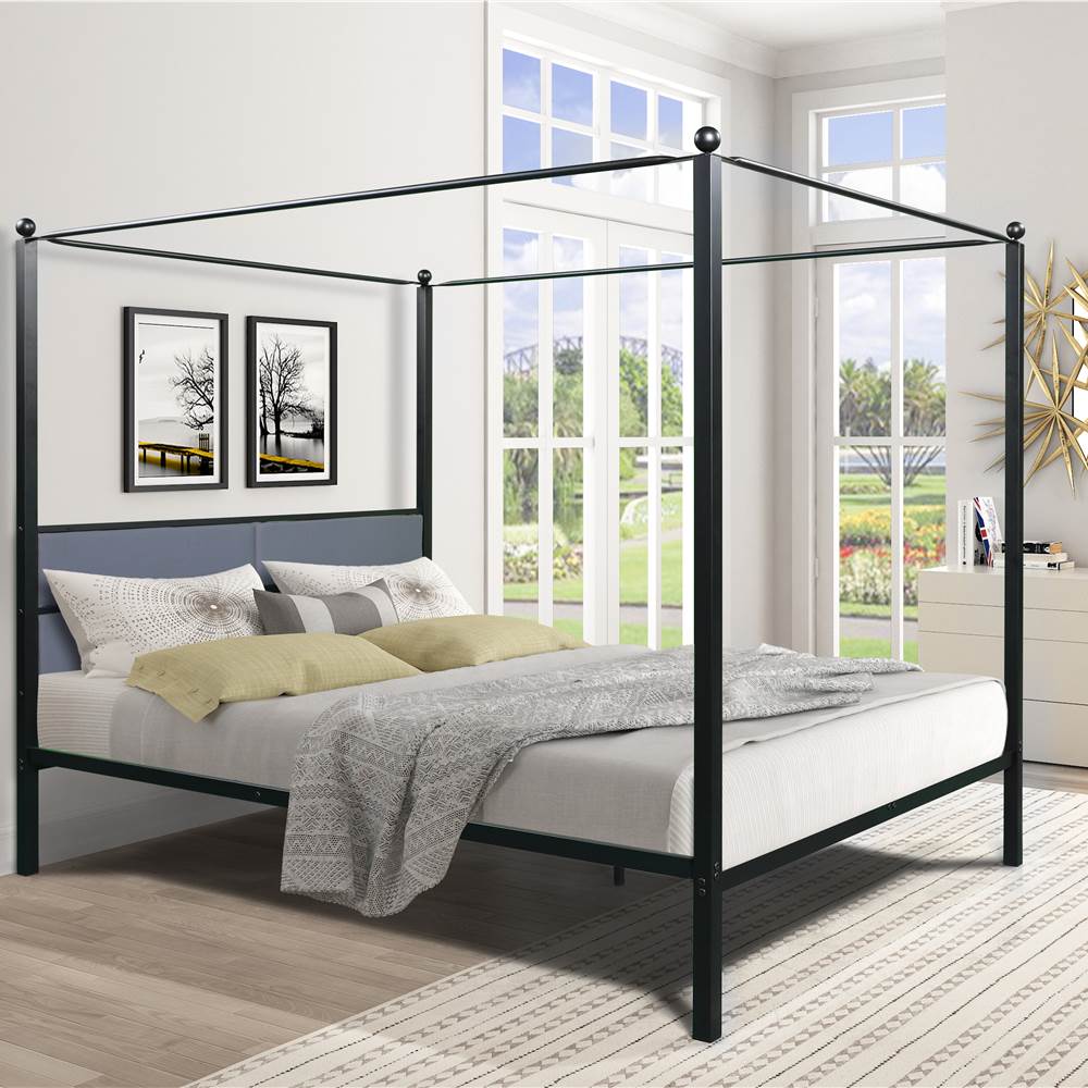 

Queen-Size Metal Canopy Upholstered Bed Frame with 4 Pillars and Steel Slats Support, No Box Spring Needed (Only Frame) - Black