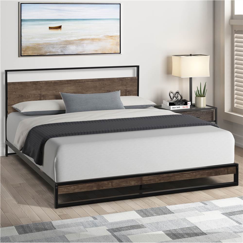 

Queen-Size Metal Platform Bed Frame with Headboard and Wooden Slats Support, No Box Spring Needed (Only Frame) - Espresso