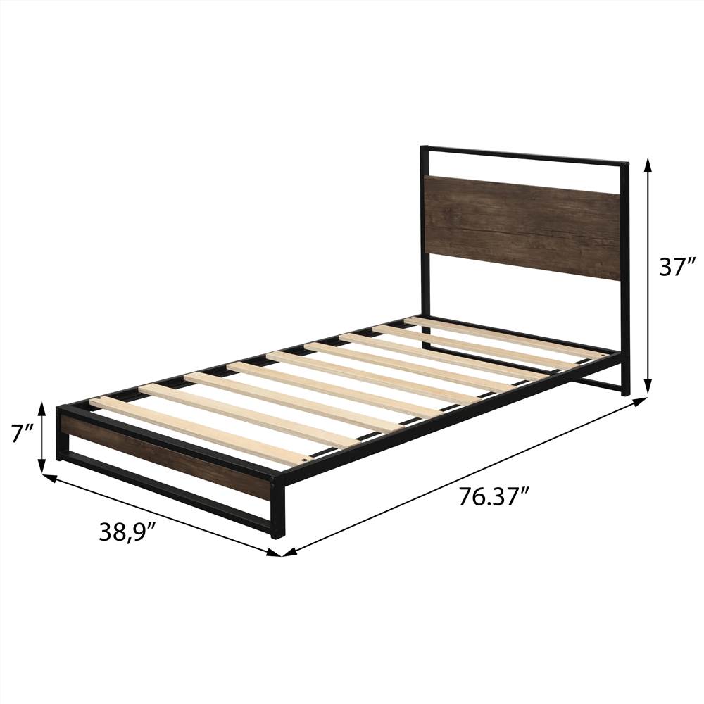 Twin-Size Metal Platform Bed Frame with Headboard Espresso