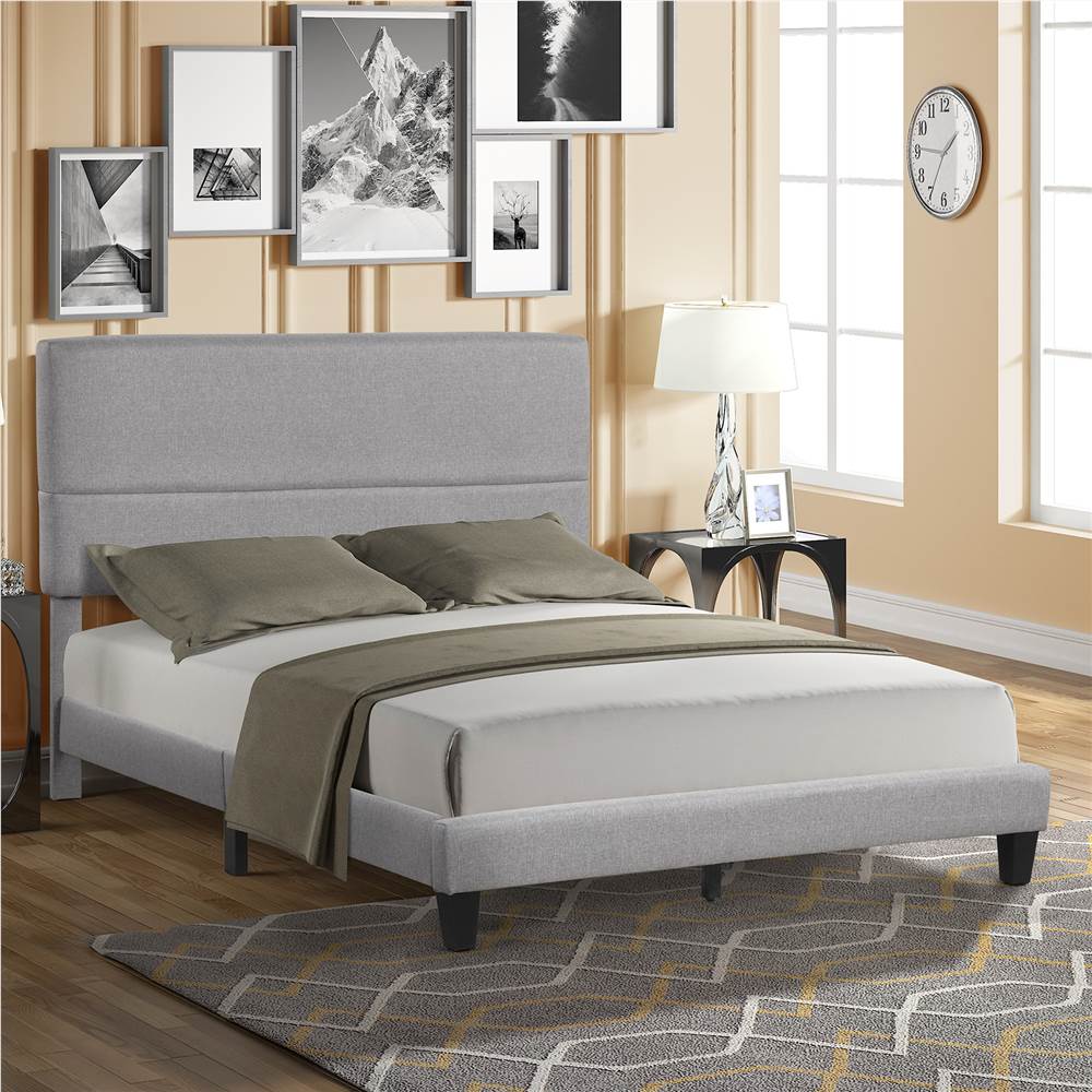 

Queen-Size Upholstered Platform Bed Frame with Linen Headboard and Wooden Slats Support, No Box Spring Needed (Only Frame) - Gray