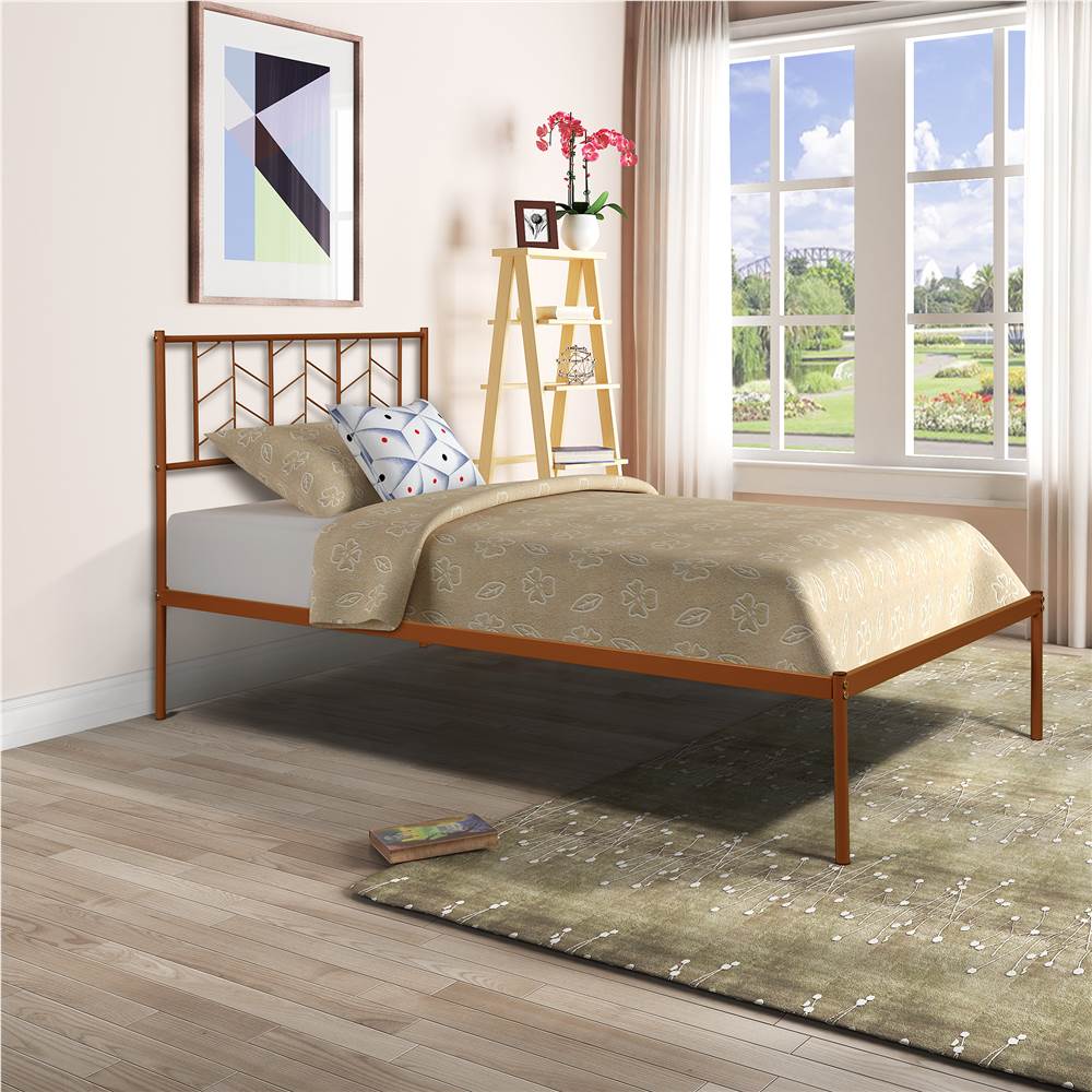

Twin-Size Metal Platform Bed Frame with Headboard and MDF Slats Support, No Box Spring Needed (Only Frame) - Bronze