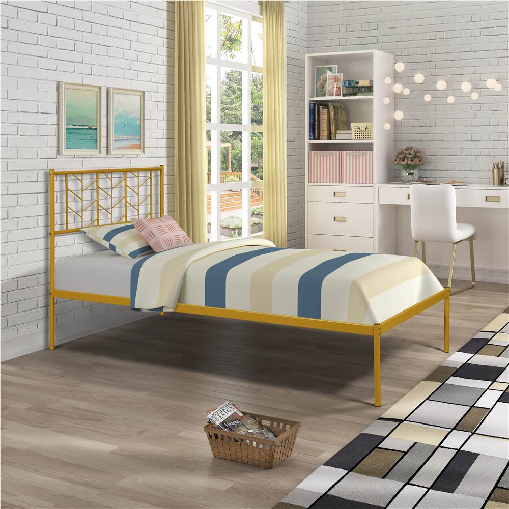 

Twin-Size Metal Platform Bed Frame with Headboard and MDF Slats Support, No Box Spring Needed (Only Frame) - Gold