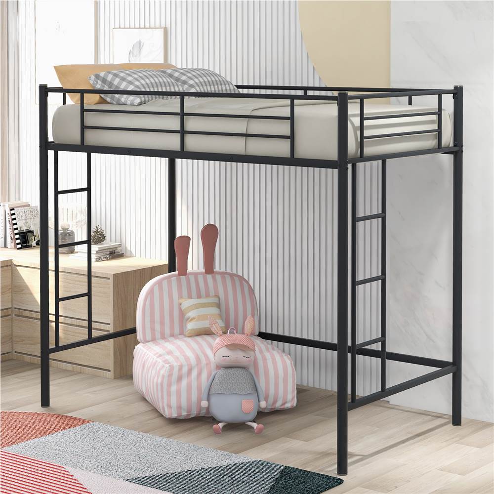 

Twin-Size Loft Bed Frame with Guardrail, Two-Side Ladders, and Steel Slats Support, No Box Spring Needed (Only Frame) - Black