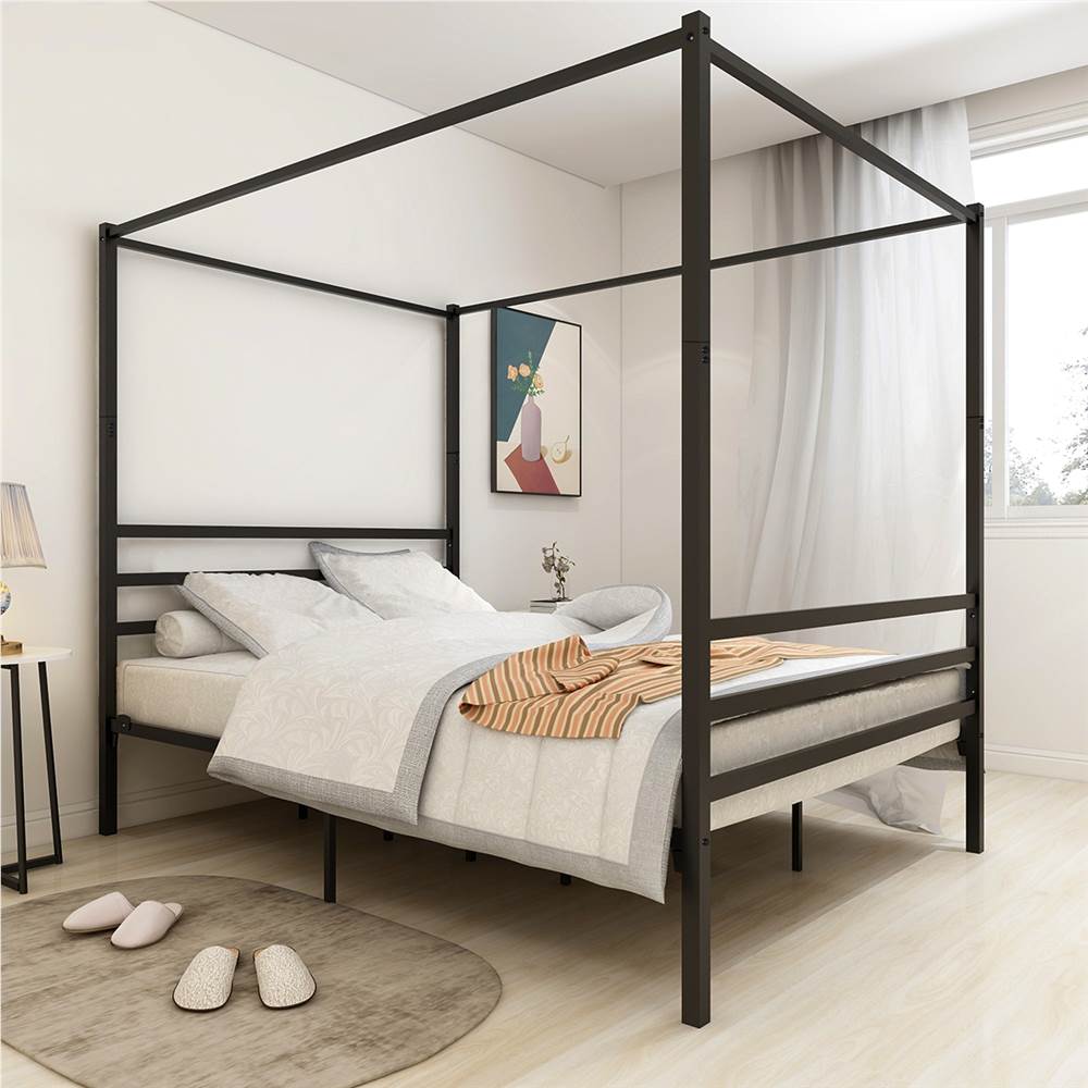 

Queen-Size Canopy Platform Bed Frame with 4 Pillars and Metal Slats Support, No Box Spring Needed (Only Frame) - Black