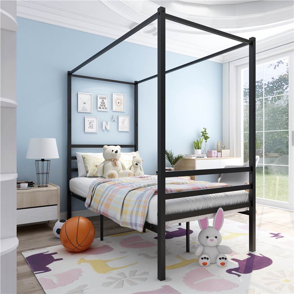 

Twin-Size Canopy Platform Bed Frame with 4 Pillars and Metal Slats Support, No Box Spring Needed (Only Frame) - Black