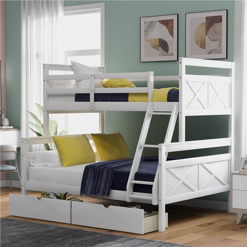Twin-Over-Full Size Bunk Bed Frame with 2 Storage Drawers, and Wooden Slats Support, No Spring Box Required (Frame Only) - White