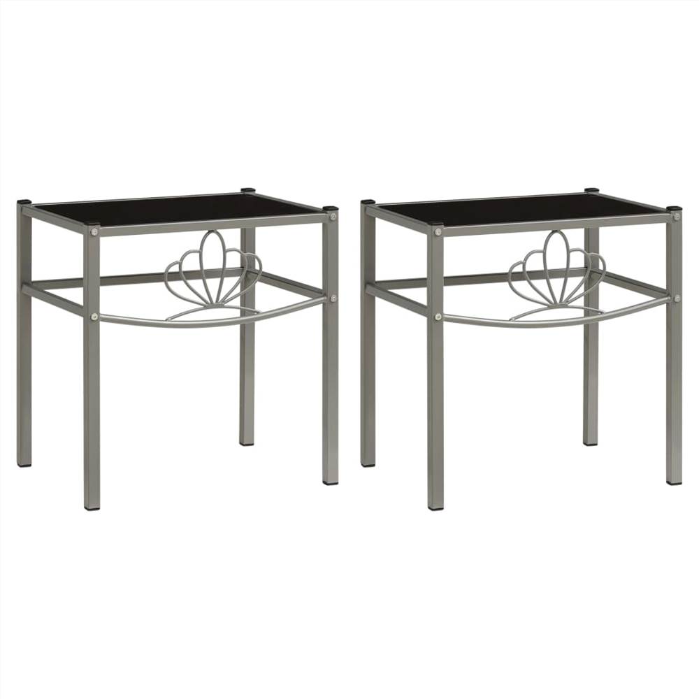 Bedside 2 pcs Grey and Black Metal and Glass