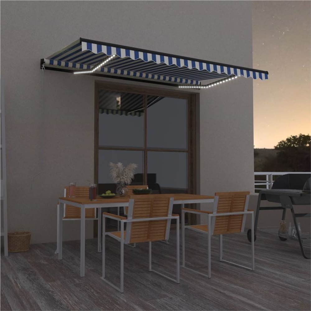 

Manual Retractable Awning with LED 450x300 cm Blue and White