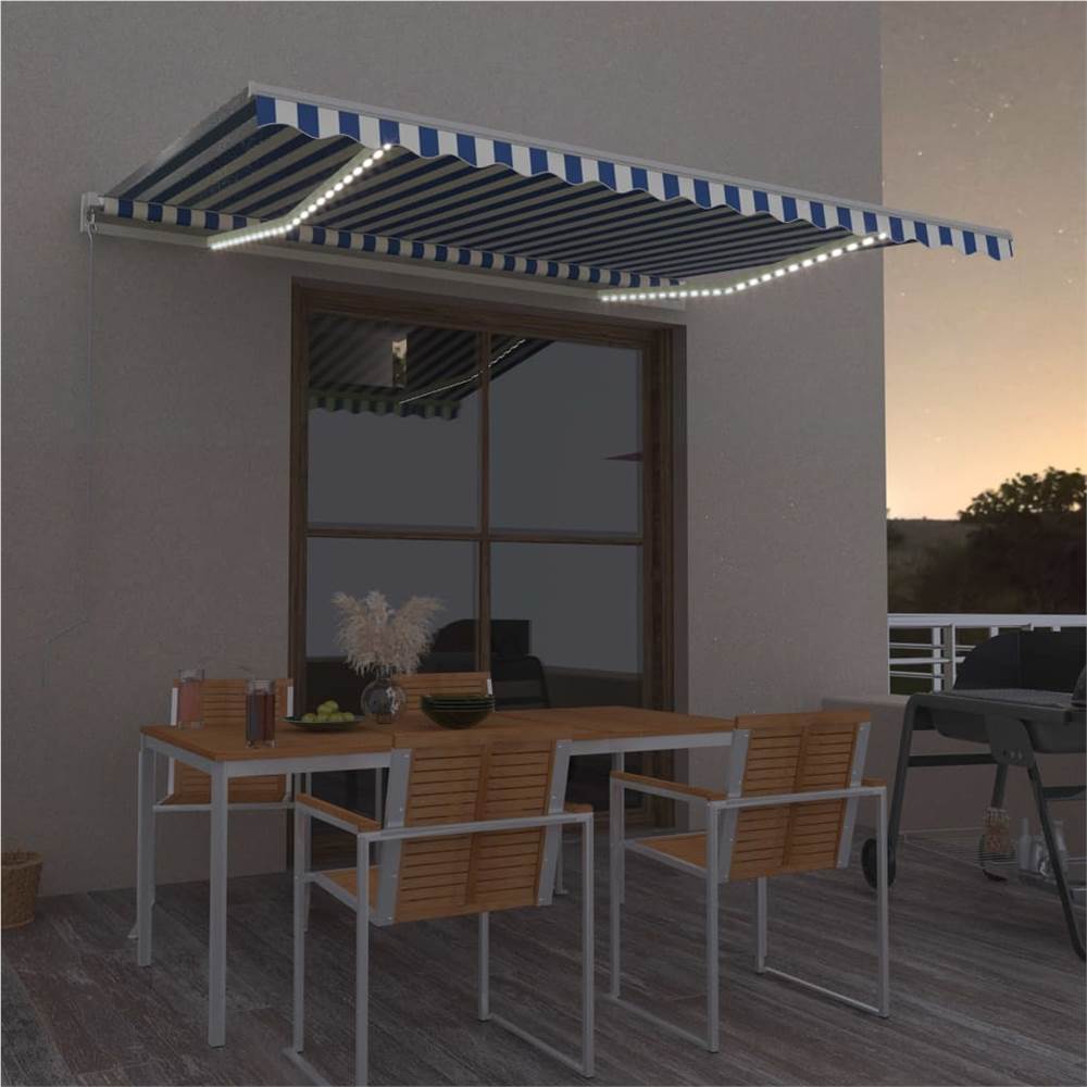 Manual Retractable Awning with LED 450x350 cm Blue and White