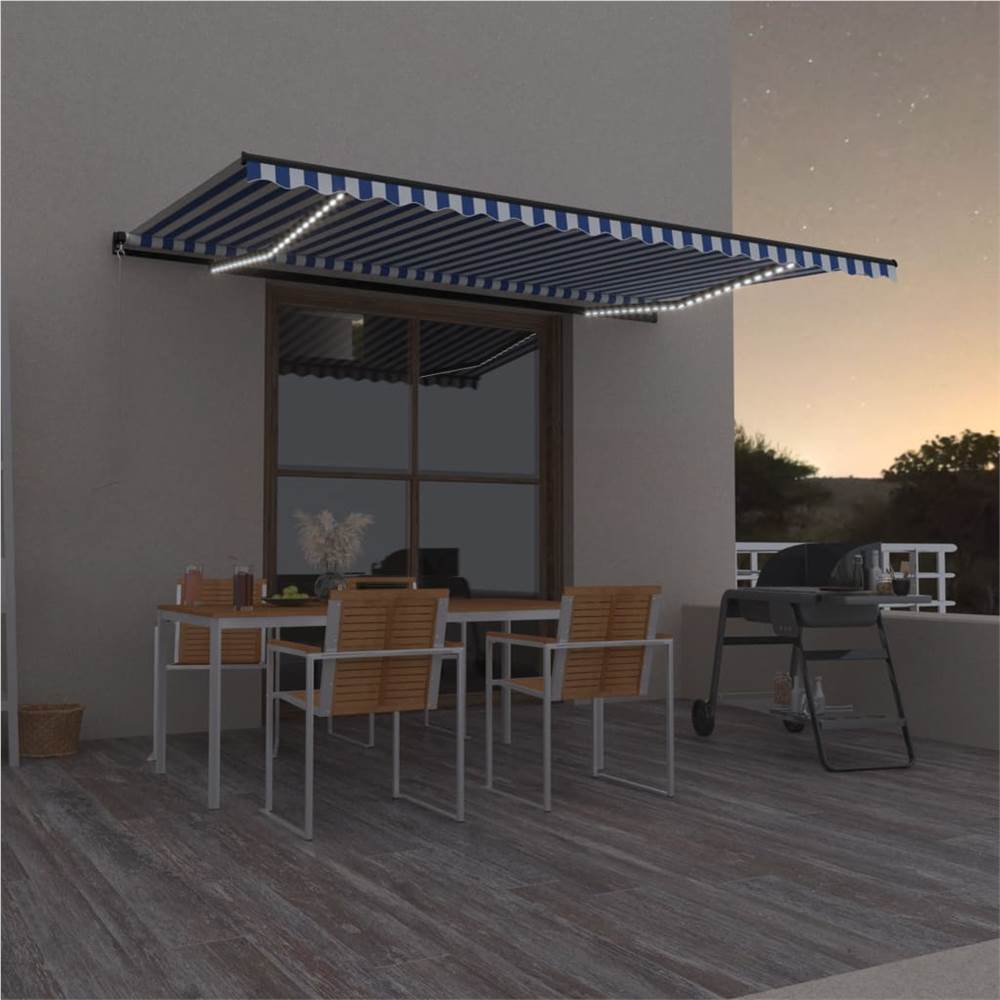 Manual Retractable Awning with LED 500x350 cm Blue and White