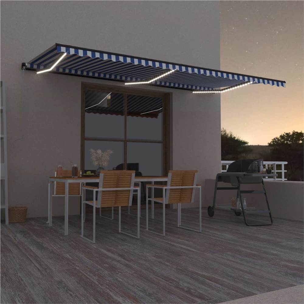 Manual Retractable Awning with LED 600x300 cm Blue and White