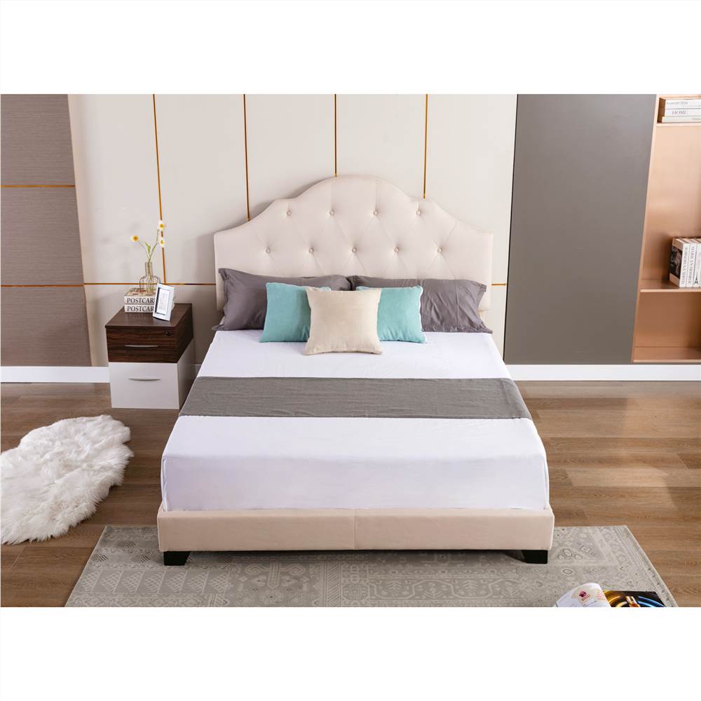 

Queen-Size Upholstered Platform Bed Frame with Adjustable Height Headboard and Wooden Slats Support, Box Spring Needed (Only Frame) - Beige