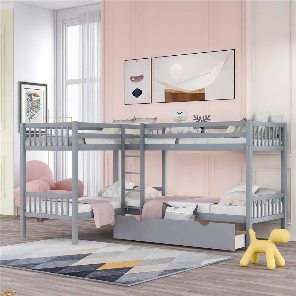 

Twin-Over-Twin Size L-Shaped Bunk Bed Frame with 3 Storage Drawers, Ladder, and Wooden Slats Support, No Spring Box Required, for Kids, Teens (Frame Only) - Gray