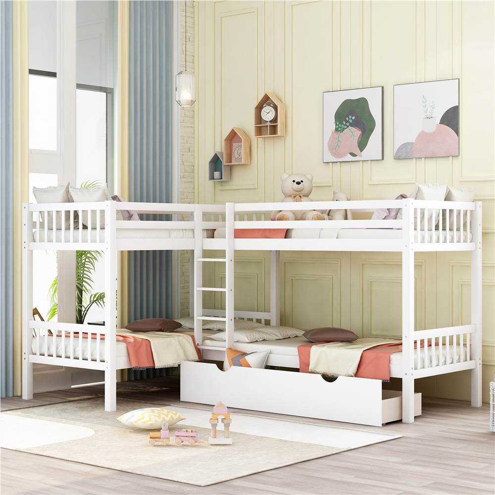 

Twin-Over-Twin Size L-Shaped Bunk Bed Frame with 3 Storage Drawers, Ladder, and Wooden Slats Support, No Spring Box Required, for Kids, Teens (Frame Only) - White