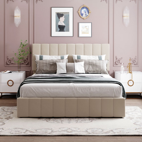 Full-Size Linen Upholstered Platform Bed Frame with Hydraulic Storage System and Wooden Slats Support, No Box Spring Needed (Only Frame) - Beige