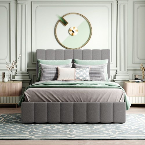 Queen-Size Linen Upholstered Platform Bed Frame with Hydraulic Storage System and Wooden Slats Support, No Box Spring Needed (Only Frame) - Gray