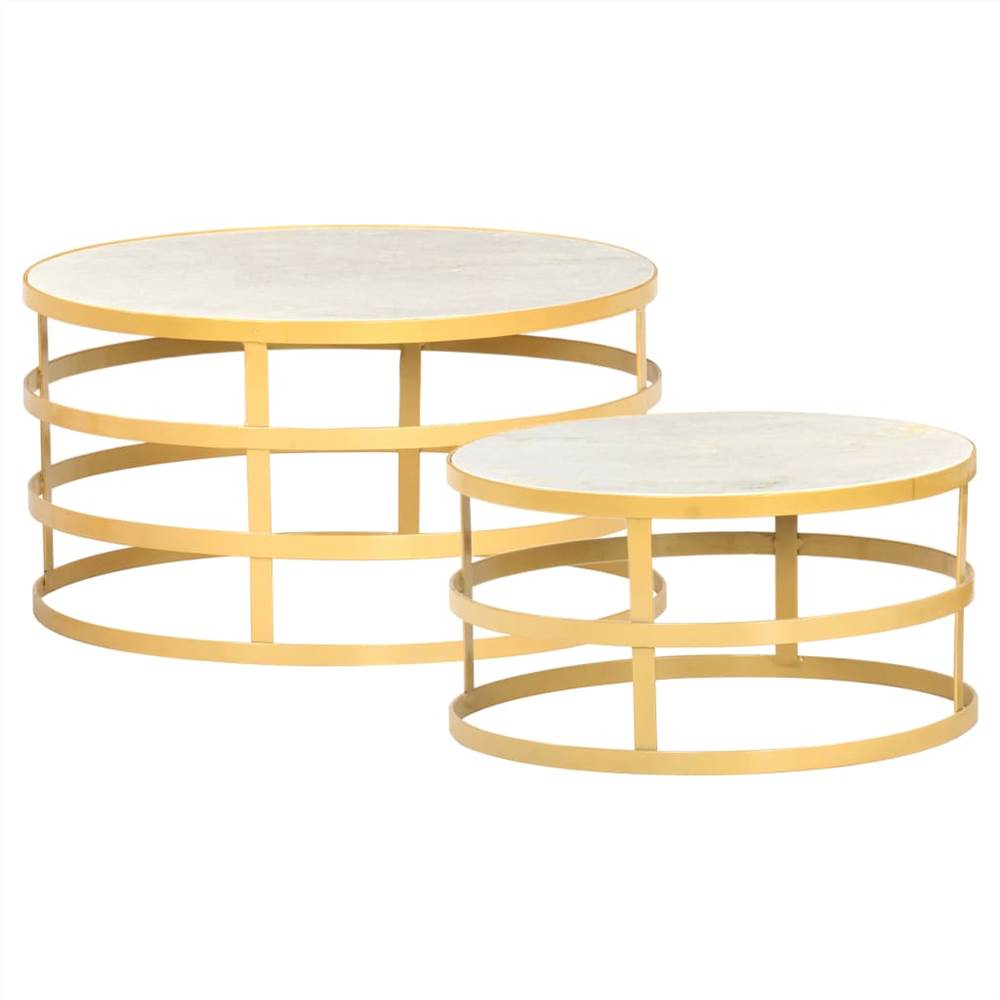 

2 Piece Coffee Table Set Marble Brass and White
