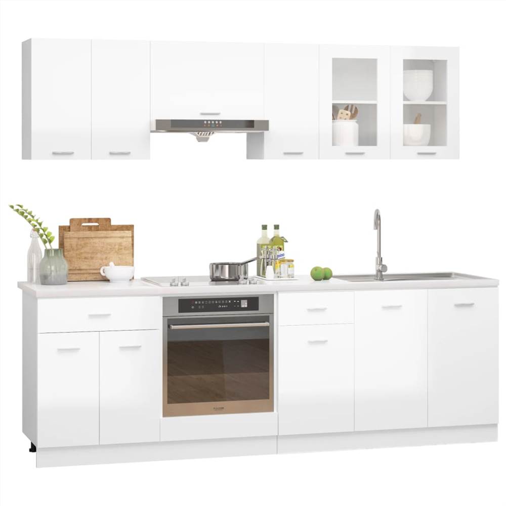 8 Piece Kitchen Cabinet Set High Gloss White Chipboard