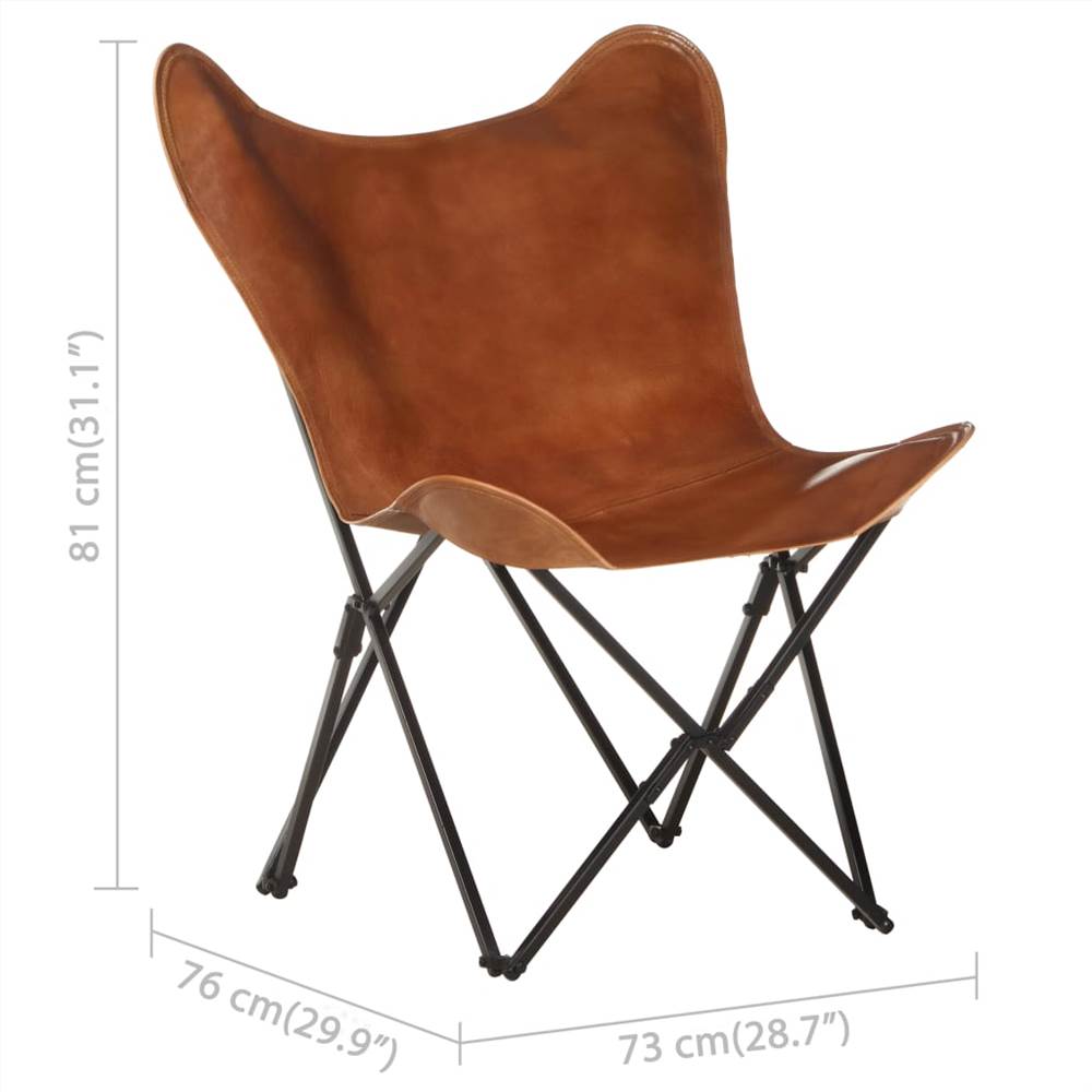 Foldable Butterfly Chair Brown Real Leather
