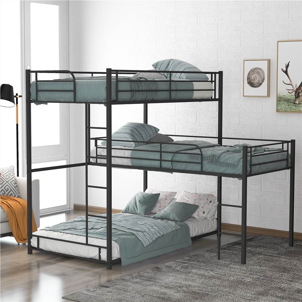 Cadre de lit triple en forme de L simple avec échelles Noir