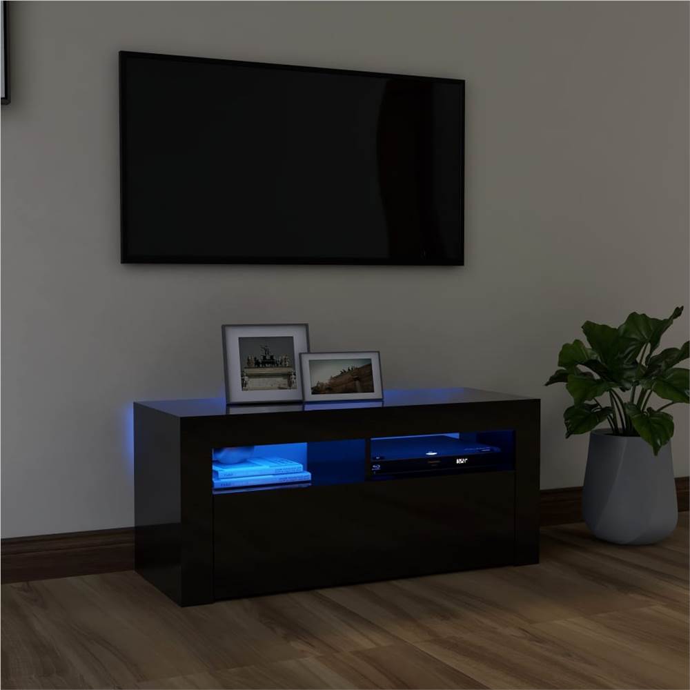 

TV Cabinet with LED Lights High Gloss Black 90x35x40 cm