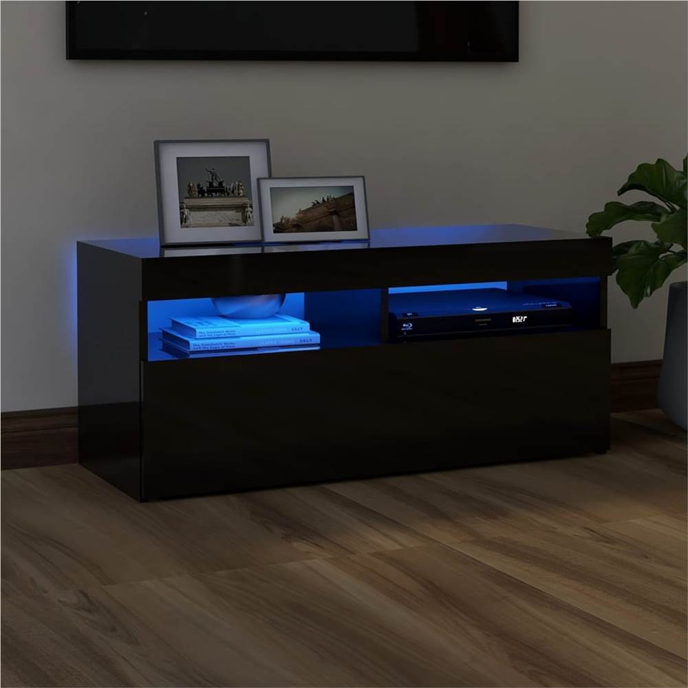 

TV Cabinet with LED Lights High Gloss Black 90x35x40 cm