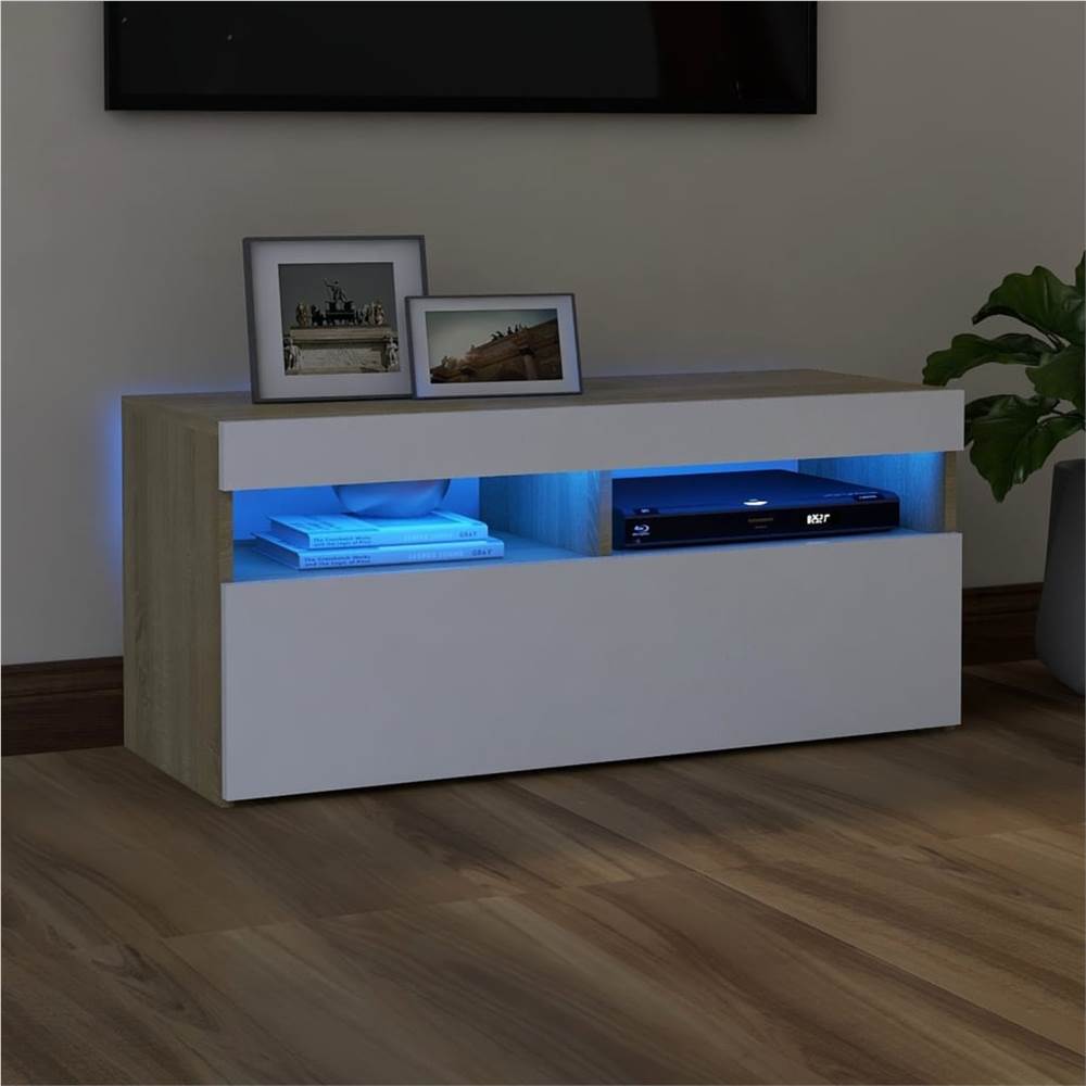 

TV Cabinet with LED Lights White and Sonoma Oak 90x35x40 cm