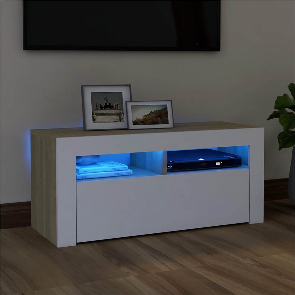 

TV Cabinet with LED Lights White and Sonoma Oak 90x35x40 cm
